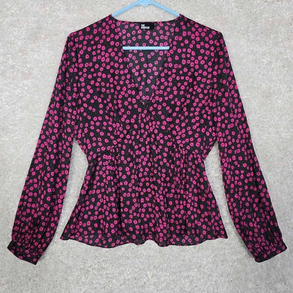 The Kooples Top Womens Large 3 Pink Black Floral V-Neck Blouse Preppy Cottage - Picture 1 of 11